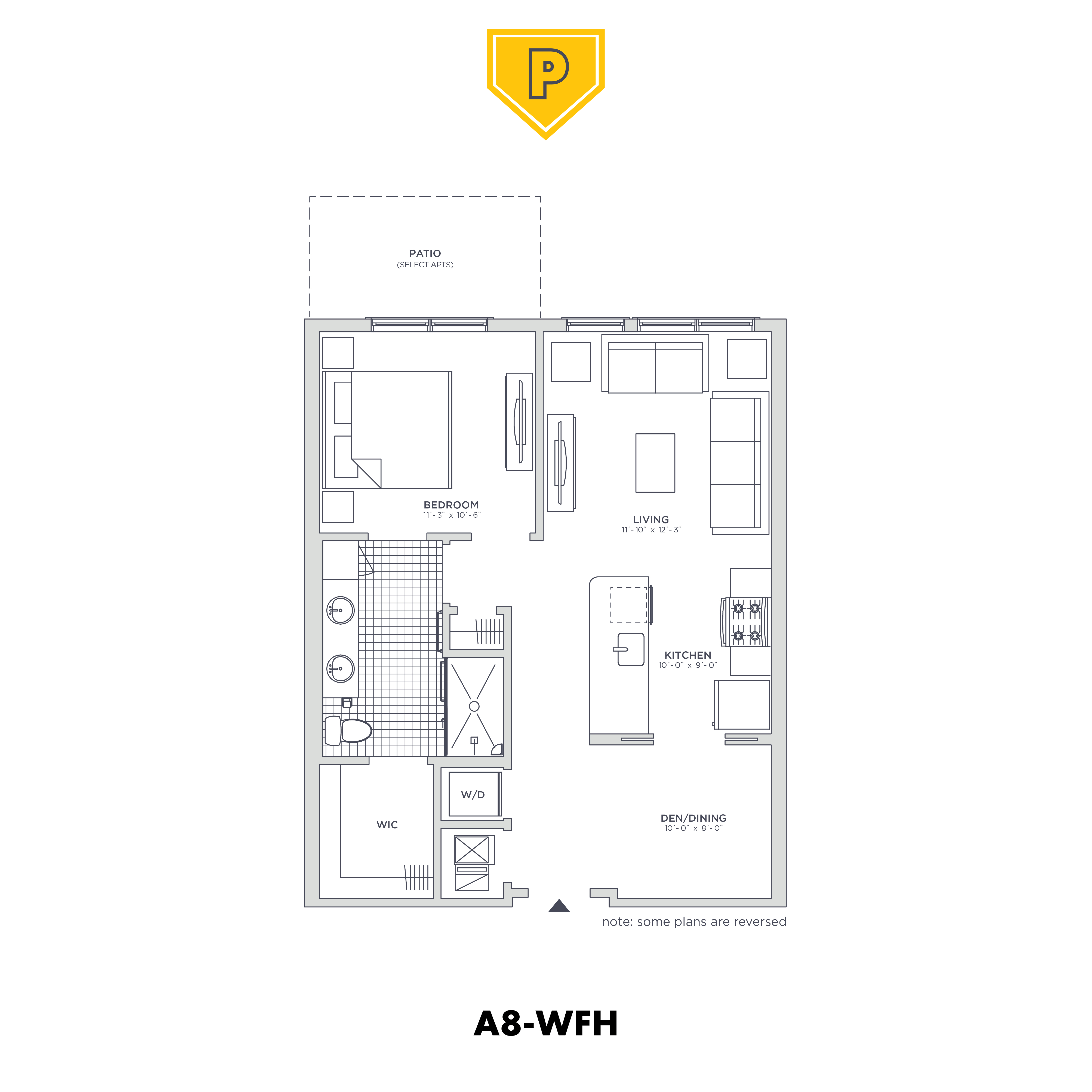 Floor plan for 1 bed, 1 bath, 717 sqft